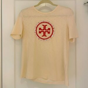 Tory Burch Bedazzled Women’s T Shirt Orange And Cream Spring And Summer Clothing